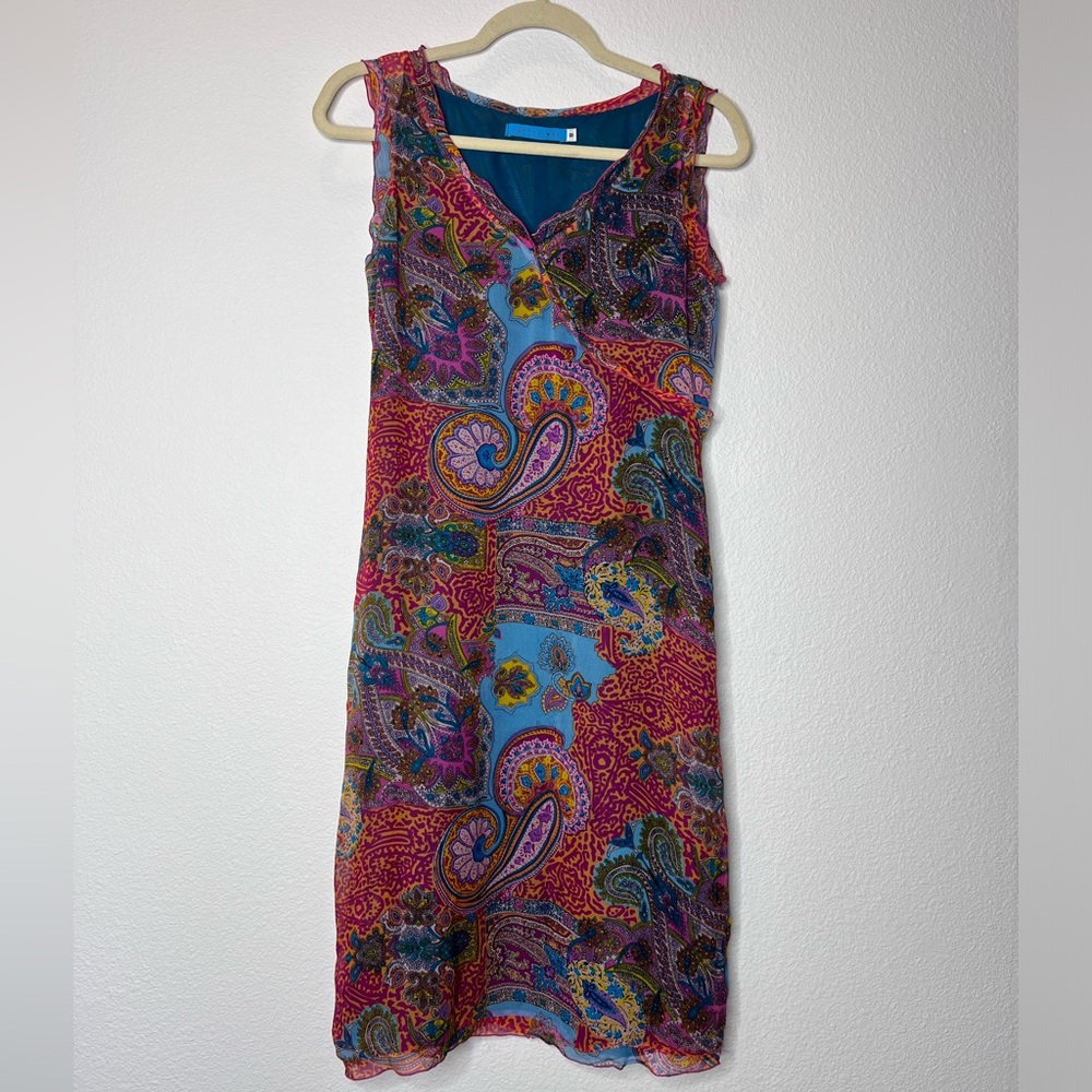 Johnny Was Silk Sheath Dress Paisley Print Vibrant Sleeveless Size S
